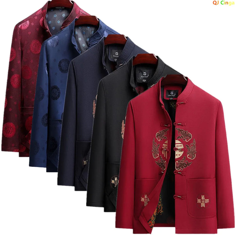 2026 New Men's Red Embroidered Long-Sleeve Jacket, Chinese-Style Single-Breasted Stand-Up Collar Coat, Fashionable Casual Tops.
