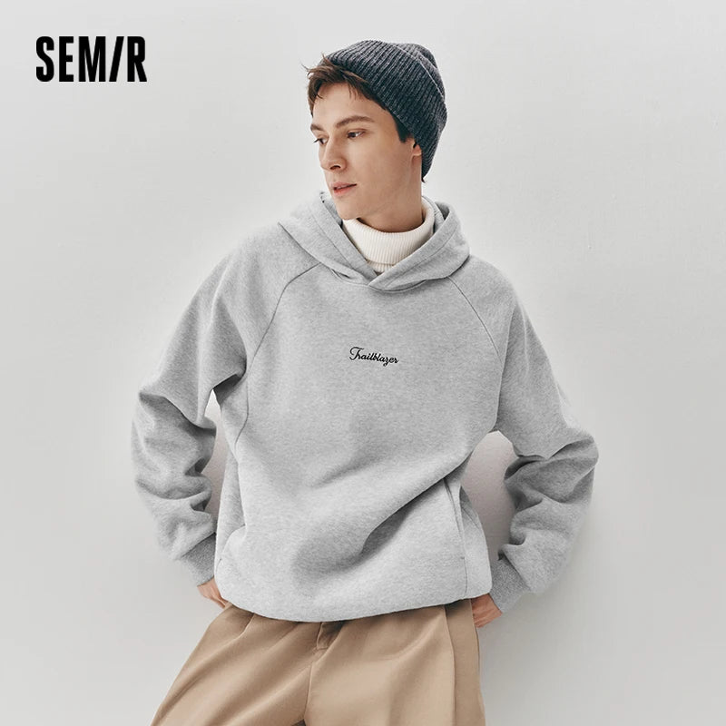 Semir Men Hoodie Fleece Lined Embroidered Detail Hooded Design Loose Fit Minimal Style 2026 Winter Everyday Wear Soft Comfort