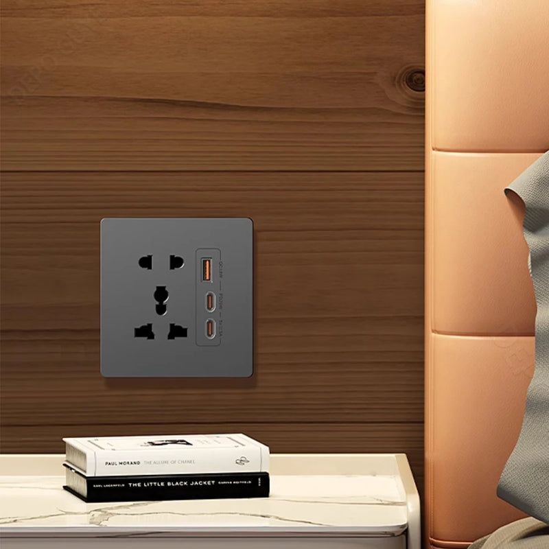 Universal 5Pin Socket With 20W Fast Charging Double Type-C Port,UK Wall  Electrical USB Plastic Power Plug Outlet AC 110V-250V