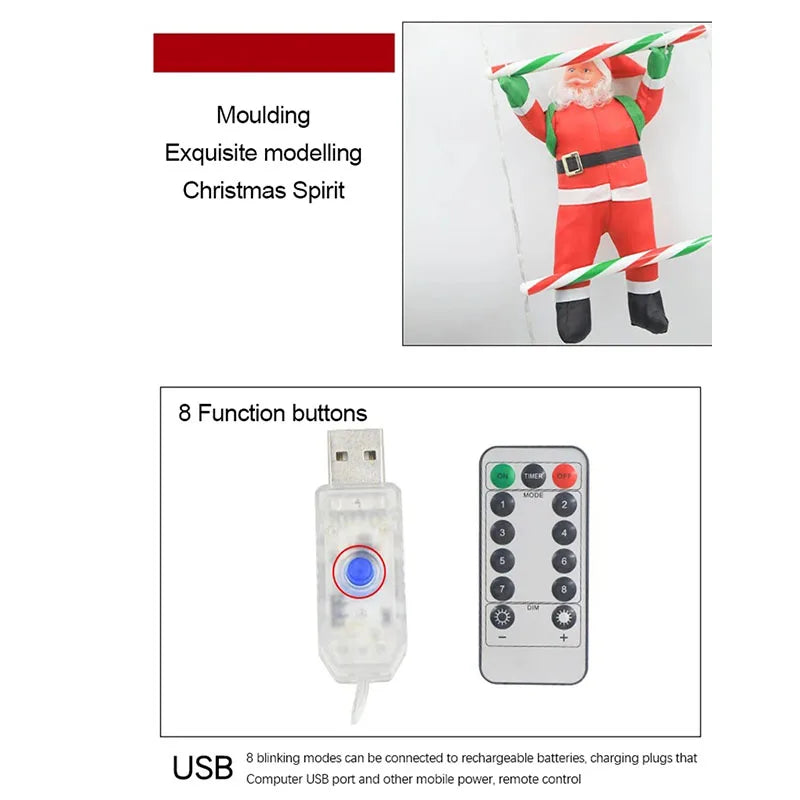Santa Climbing Ladder String Lights  USB-Powered Christmas Decor 8 Lighting Modes for Holiday Wall Window Decor Remote Control ﻿