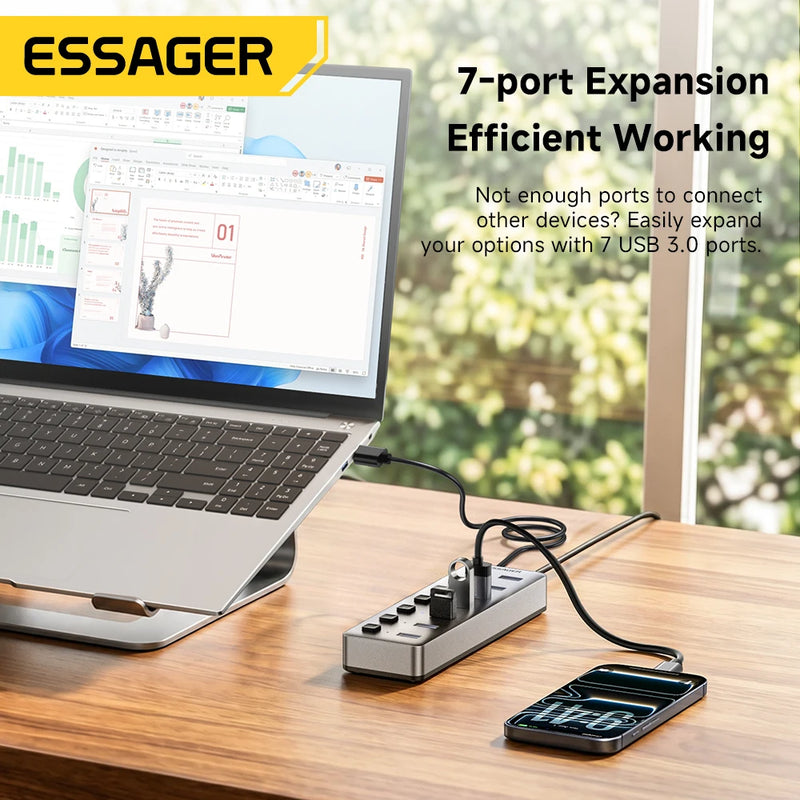 Essager 7 ច្រក USB A HUB ពហុច្រក USB 3.0 5Gbps Splitter Adapter ជាមួយឆ្នាំងសាក EU/US 24W សម្រាប់ទូរស័ព្ទ Macbook Pro PC Laptop