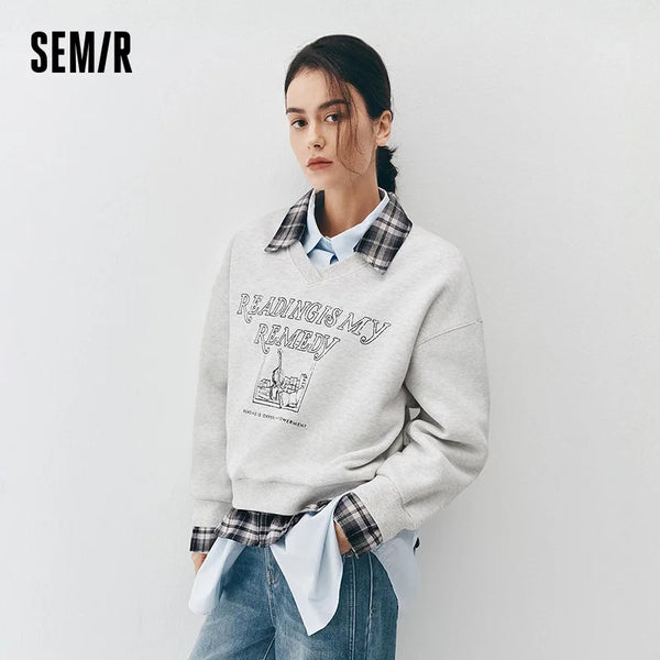 អាវយឺត Semir សម្រាប់នារី មានស្រទាប់ក្រណាត់រោមចៀម កអាវបត់ចុះក្រោម រចនាបថបែប Retro ឆ្នាំ២០២៦ ស្លៀកជាស្រទាប់ៗសម្រាប់រដូវរងា ពាក់ជារៀងរាល់ថ្ងៃ