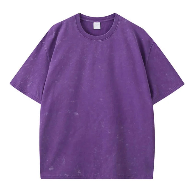 American Style Retro Washed Snowflake Short Sleeve round Neck T-Shirt Large Size Bleach Stain  Heavyweight Summer Top