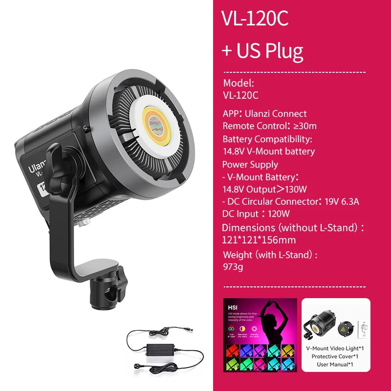 ភ្លើងវីដេអូ Ulanzi VL-120Bi VL-120C 120W V-Mount COB ឥតខ្សែ គ្រប់គ្រងដោយកម្មវិធី 2700K-6500K CRI>95 សម្រាប់ស្ទូឌីយោថតរូបវីដេអូ