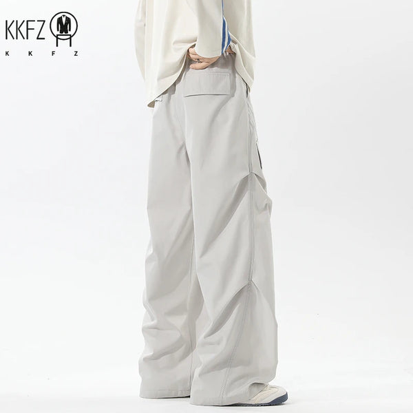 Male Fashion Cargo Pants Elastic Drawstring Waist Pleated Structure Wide Leg Silhouette For Trip Gathering And Street Wear
