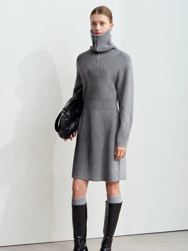 Amii Minimalist 2026 Winter New Women's Casual Knitted Skirt Lapel Shoulder Sleeve Zipper Semi-open Placket Waist Dress 12444240