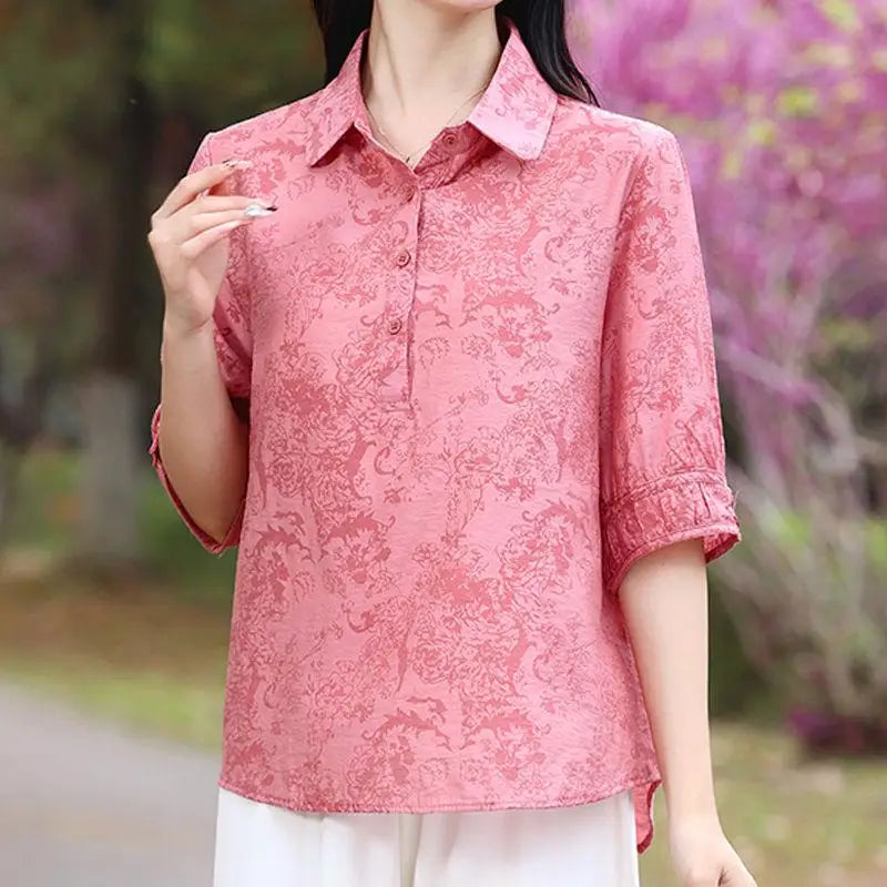អាវយឺតថ្មីរដូវក្តៅ កអាវ Jacquard ប៊ូតុង ដៃអាវពាក់កណ្តាលធម្មតា ឆើតឆាយ រលុង សម្រាប់ស្ត្រីធ្វើដំណើរទៅធ្វើការ