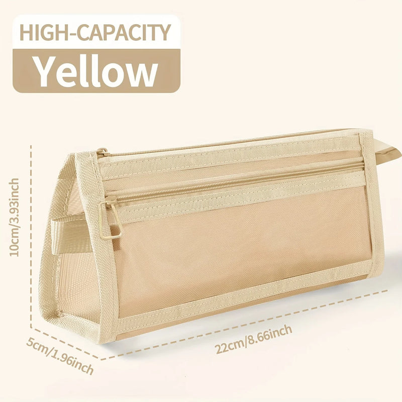 Desk Storage Morandi Grid Mesh Pencil Case with Handle and Zipper Clear Double-layer Pencil Pouch Marker Pouch,Travel Makeup Bag