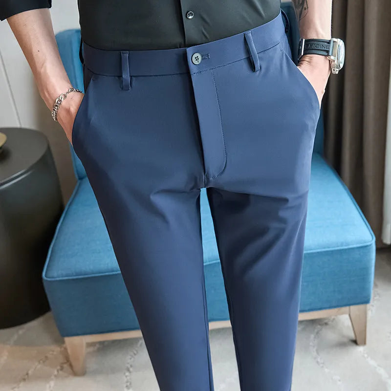 New Summer Men's Khaki Dress Pants and Black Business-casual Stretch Trousers, Available in Asian Sizes in Blue Gray Slacks.