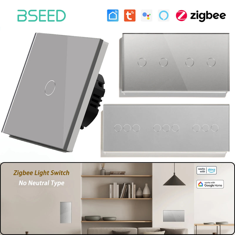 BSEED Zigbee Smart Switch 1/2/3Gang 1/2/3Way Smart Touch Light Switch Work With Tuya Smart Life Blue Backlight No Neutral Line