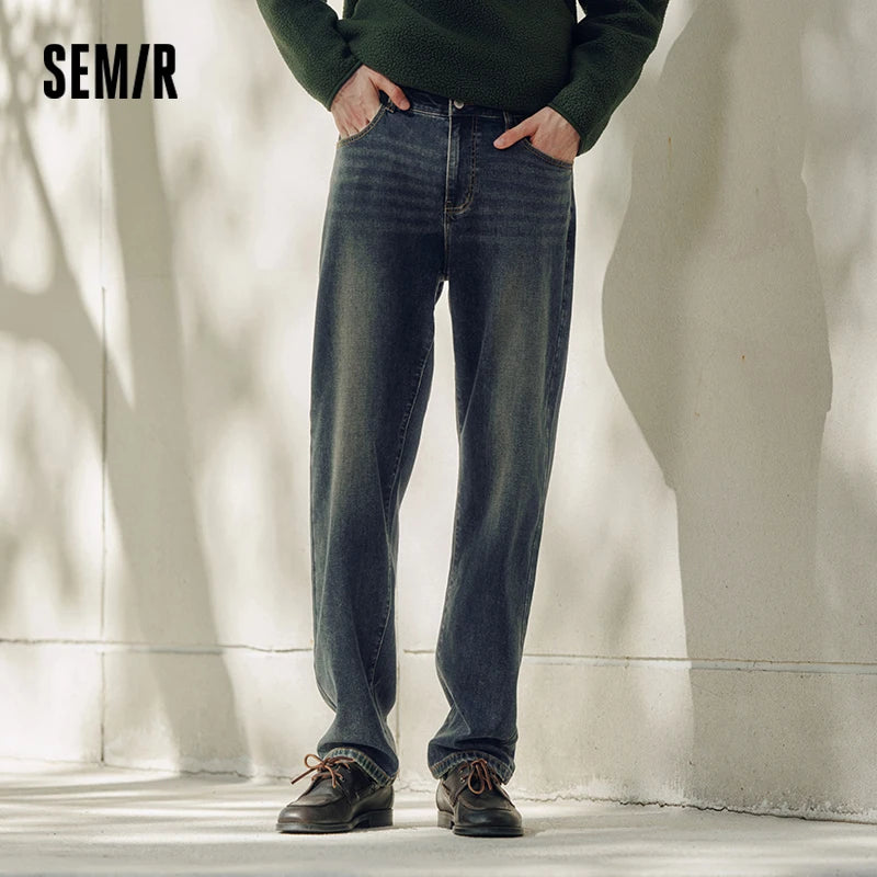 Semir Senrou Denim Jeans Men Whisker Retro Distressed Straight Leg 2025 Winter New Long Pants Elastic Men'S Wear