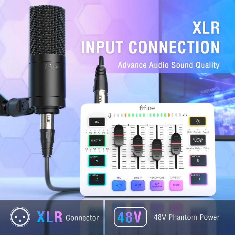 FIFINE Gaming USB Mixer with 4-Channels/XLR Microphone Interface/RGB, Sound Mixer for Game Podcast Streaming AmpliGame SC3W