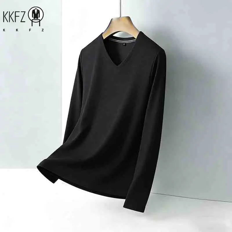 Men's Wrinkle-resistant Brown V-neck Long Sleeve T-shirt Easy Care Breathable Casual Top