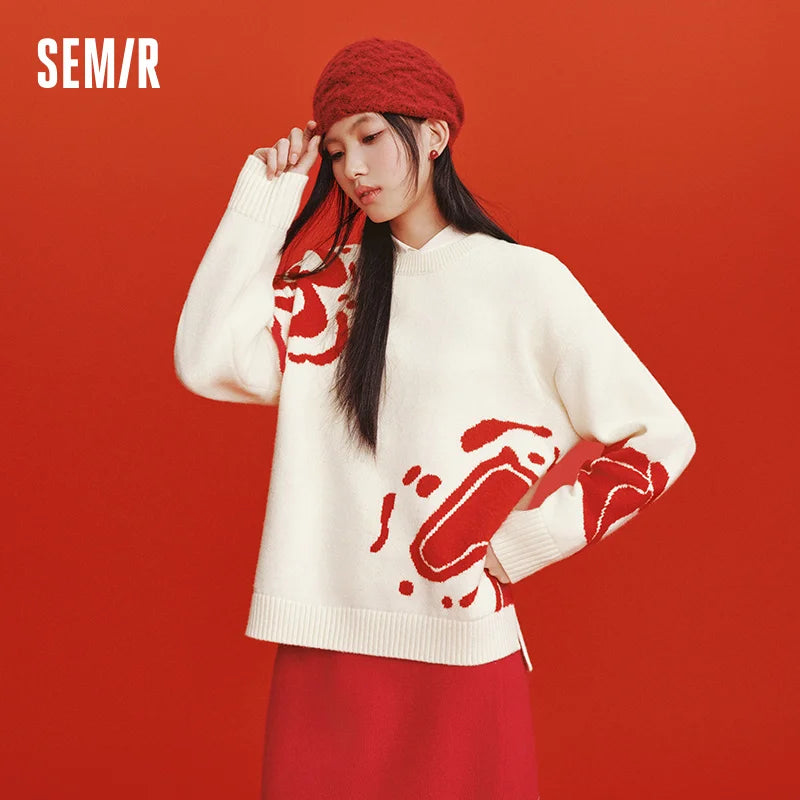 Semir Red Sweater Women 2026 Spring Soft Casual Fashion Comfortable Knitwear Basic Versatile Stylish Daily Wear Top