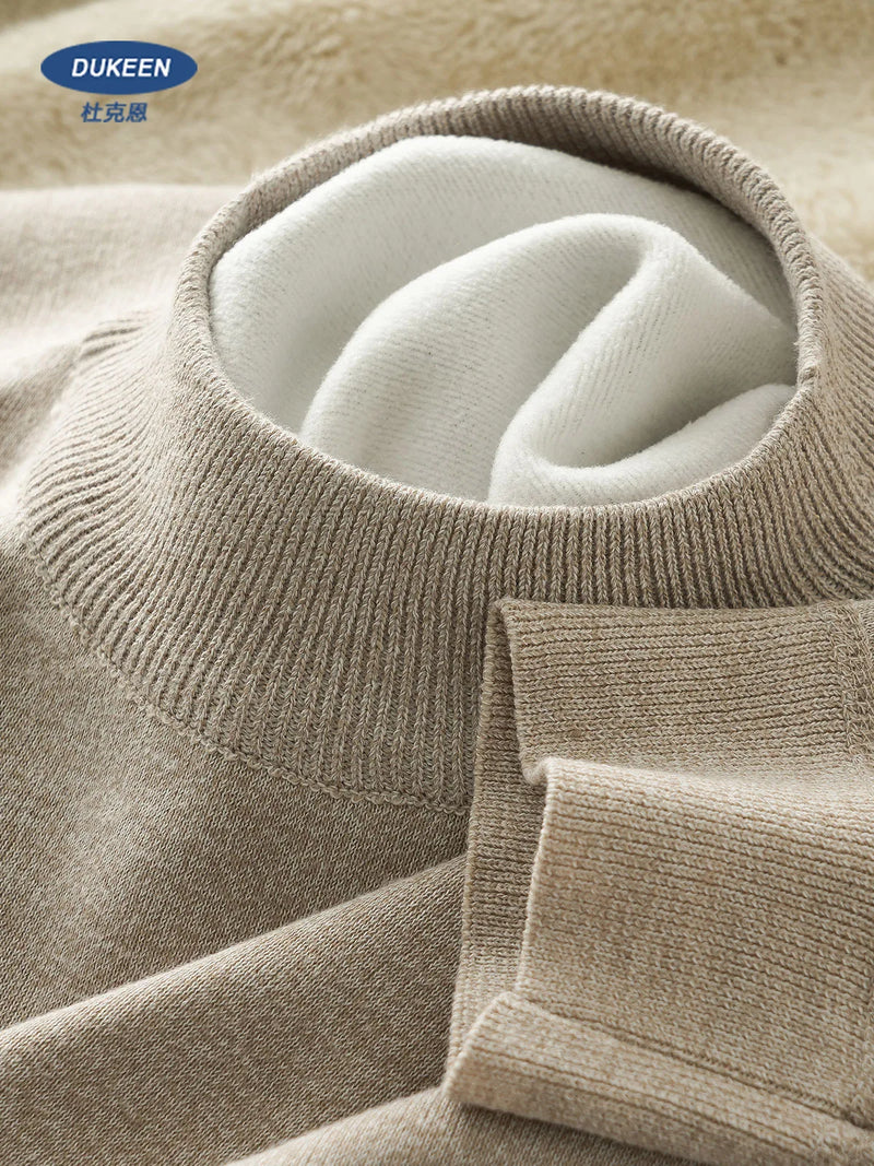DUKEEN Men's Mock Neck Sweaters Winter Fleece-Lined Thick Warm Pullovers Solid Color Crew Neck Sweater Knitwear