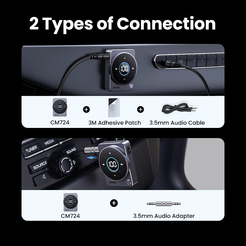 UGREEN Bluetooth 5.4 Aux Adapter 3.5mm Audio  Music for Car 20H Battery Life Screen Display SBC AAC