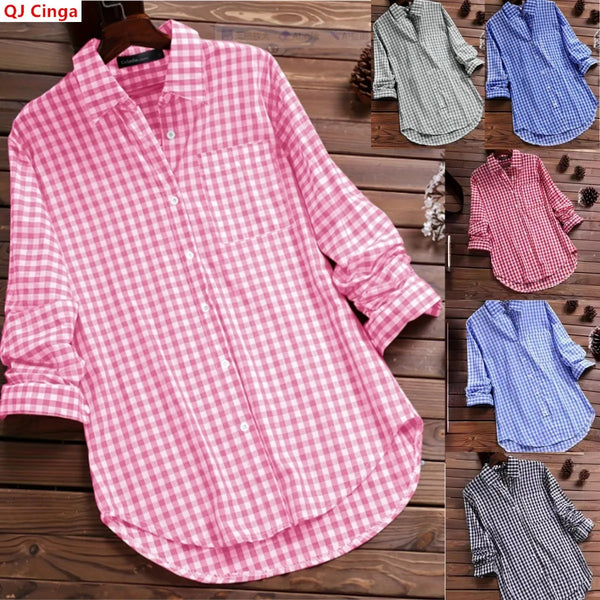 2027 New Women's Long-Sleeve Checkered Shirt, Available in Black, Gray, Blue, Red, and Pink.