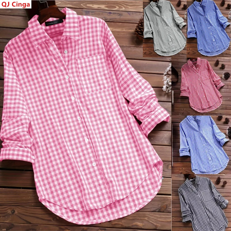 2027 New Women's Long-Sleeve Checkered Shirt, Available in Black, Gray, Blue, Red, and Pink.