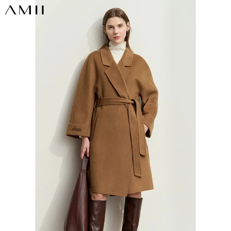 AMII Minimalist Woolen Coat for Women 2026 Winter New Warm Lapel Collar Long Sleeve with Belt 100% Wool Overcoat Female 12424009