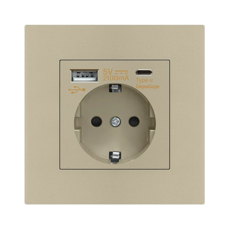Grey EU USB C Wall Socket, Type-C Port Wall Plug Adapter, 16A Power Socket with USB Phone Charging, Russian Kazakhstan Outlet