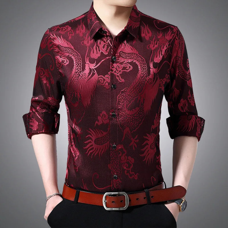 Men's Red Long-sleeve Printed Shirt with A Lapel Featuring A Chinese Dragon Design. White, Blue, Yellow, Brown, and Gray.