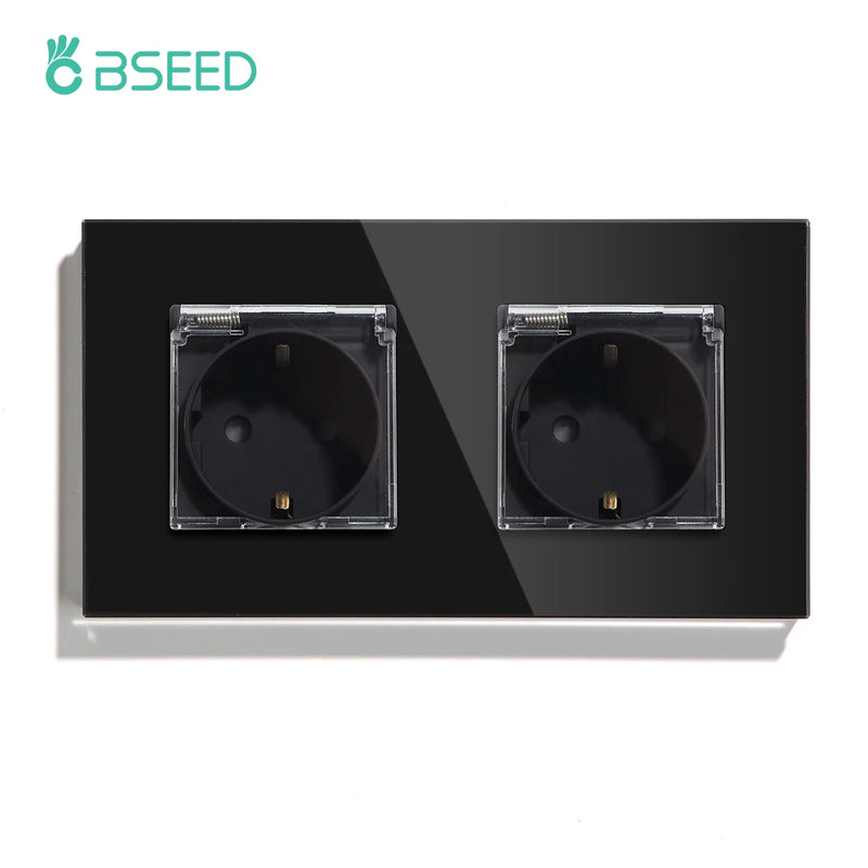 BSEED EU Standard Single Power Sockets With Waterproof Cover Double Wall Outlet Bathroom Triple Plugs 16A Crystal Panel 110-250V
