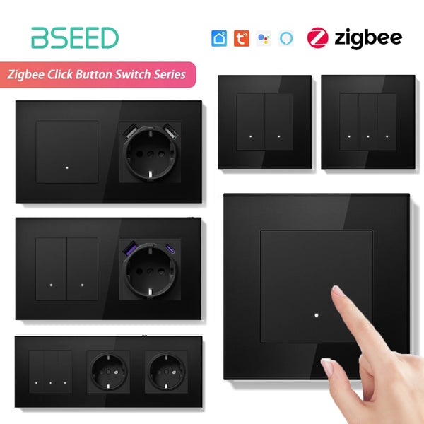 BSEED 1/2/3Gang 2Way Zigbee Light Switch With EU Wall Socket Smart Click Button Switch Glass Panel Tuya Smart Life Alexa Control