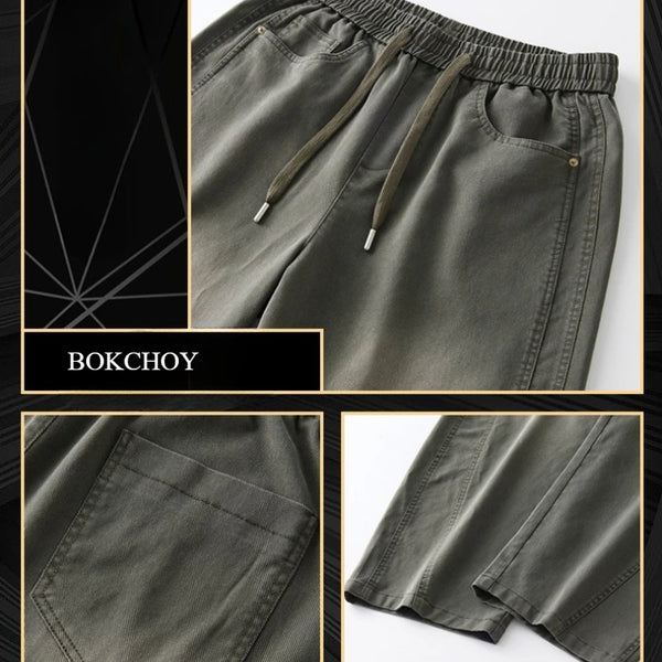 Autumn New Simple Lyocell Comfort Smooth Down Jeans for Men Clothing Wide Leg Drawstring Male Trousers ZG2591