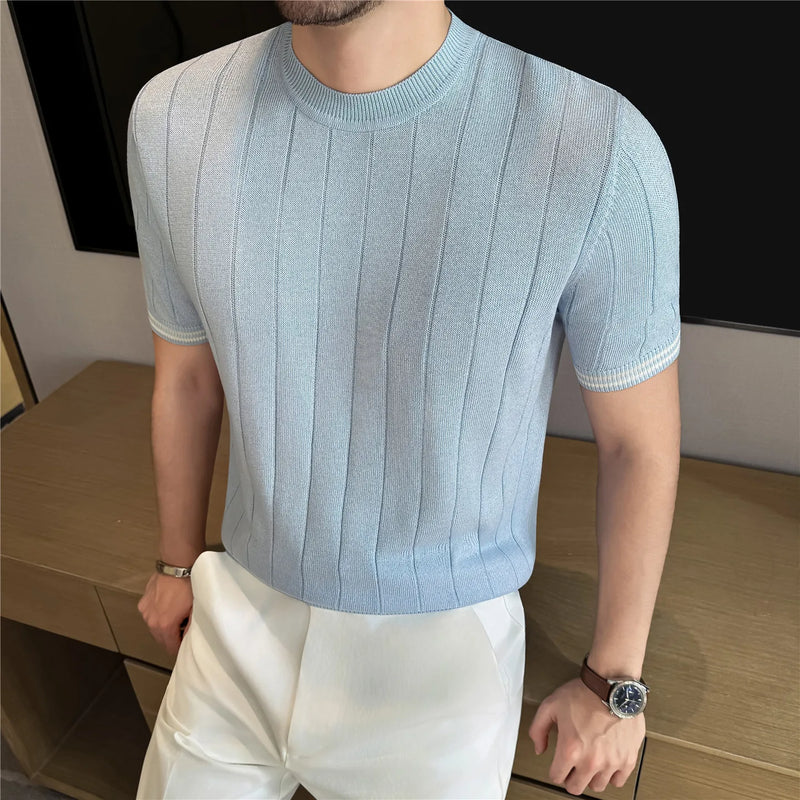 Men's Natural Linen Short Sleeve Knit Shirt - Cool Breathable Ribbed Crew Neck Top with Smooth Texture & Shape Retention