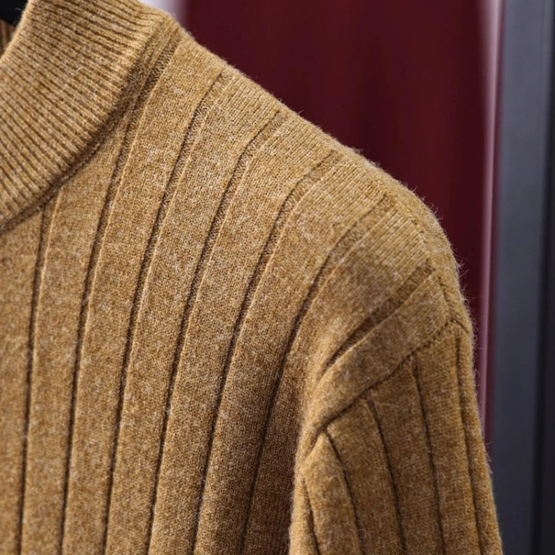 Men's Semi-High Neck Knit Sweater, 500g Wool-Like Texture, Anti-Pilling, Quiet Luxury Style Beige Gray Brown