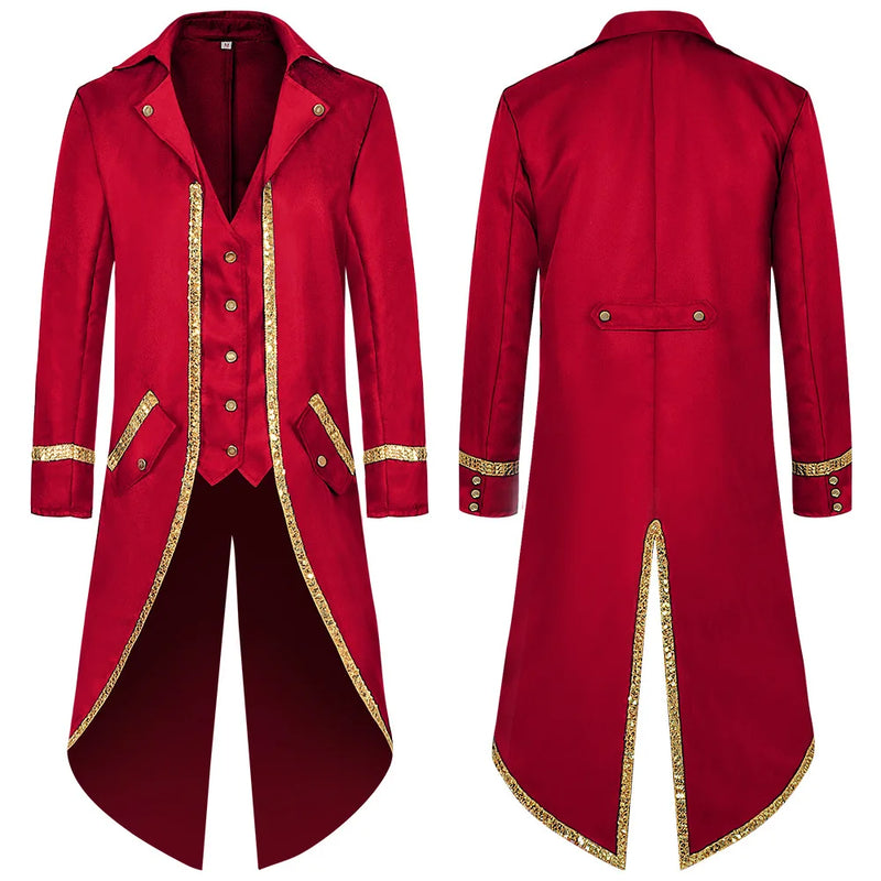 Blue Men's Halloween Trench Coat, Gold-trimmed Tailcoat with Patchwork Detailing, Medieval Mid-length Jacket, Punk-style Tops