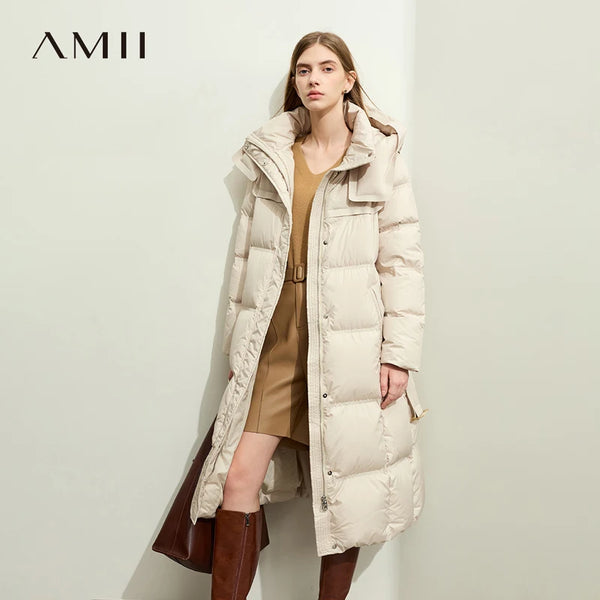 AMII Hooded Down Coats 2026 Winter New Warm With Belt Puff Duck Jacket Women Turtleneck Solid Versatile Slim Long Coat 12524003