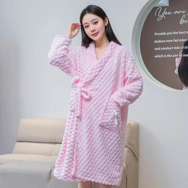 Pyjamas Femme New Loose Robe Women's Sleepwear Winter Nightwear Dressing Gowns Thick Flannel Warm Bathrobes Female Shower