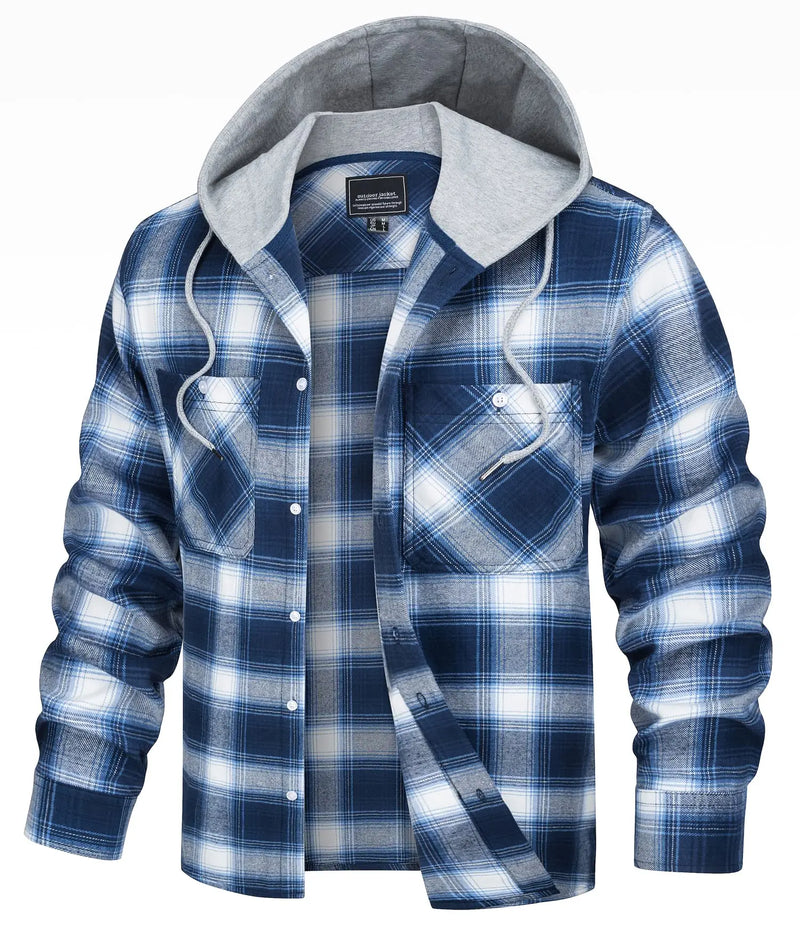 TACVASEN Men's Flannel Long Sleeve Hoodie Plaid Shirts Lightweight Cotton Button Down Casual Shirts with Pocket 2026 New Fashion