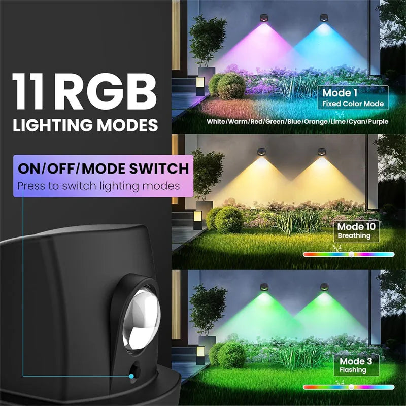 ភ្លើងពន្លឺព្រះអាទិត្យ RGB ក្រៅផ្ទះ ធន់នឹងទឹក IP65 ភ្លើងជណ្ដើរ LED ពន្លឺព្រះអាទិត្យចម្រុះពណ៌ ភ្លើងជញ្ជាំងពន្លឺព្រះអាទិត្យ ភ្លើងរបងសម្រាប់ដំបូលរបង