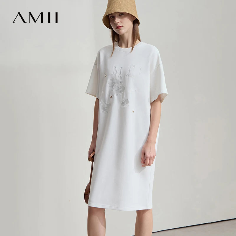 រ៉ូប Amii Minimalism រលុងរដូវក្តៅឆ្នាំ ២០២៥ សម្លៀកបំពាក់នារីថ្មីសម្រាប់ការិយាល័យ ស្បៃកប្បាស ប៉ាក់ ស្រួលពាក់ 12512001