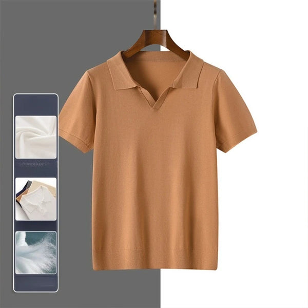 Men's 100% Modal Silk Touch Polo Shirt – Soft Breathable V-Neck Short Sleeve Top for Business Casual