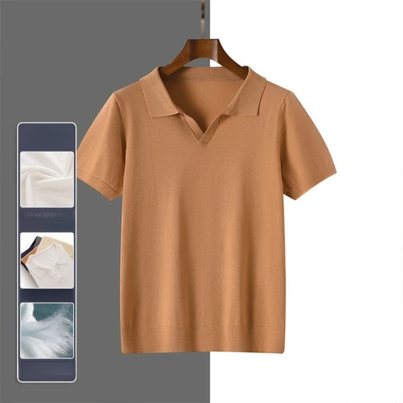 Men's 100% Modal Silk Touch Polo Shirt – Soft Breathable V-Neck Short Sleeve Top for Business Casual