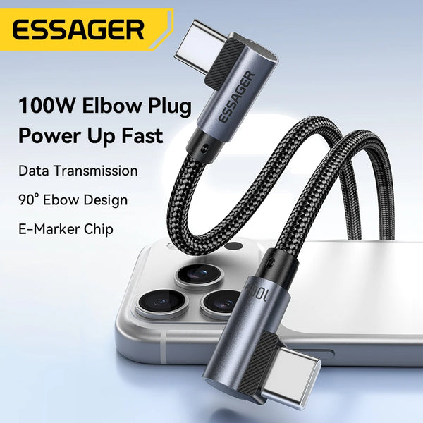 ខ្សែសាក Essager Elbow PD100W USB C ទៅ USB C សម្រាប់ iPhone 17 16 15 Pro Samsung MacBook iPad Type C ខ្សែសាកទិន្នន័យលឿន