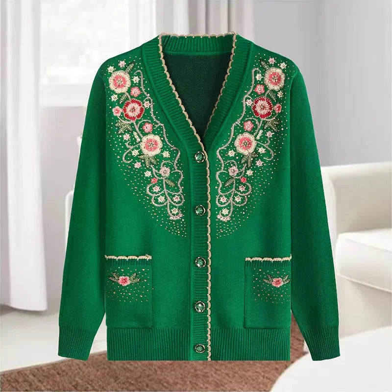 New Casual V-neck Long Sleeve Coat Female Knitted Wool Sweater Spring Autumn Middle-aged Elderly Women's Sweater Cardigan Jacket