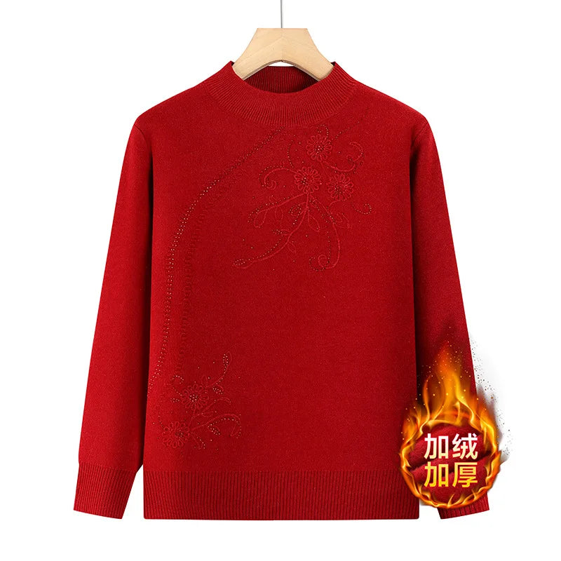 Half Turtleneck Warm Women's Sweater Hot Fleece Velvet Winter Clothes Woman Pullovers Middle Aged Mother Knitwear Basic Jumper