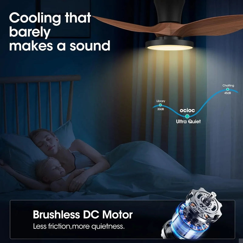 Ceiling Fan with Light 85V-265V Remote Control Dimmable 3 Speed Modern Wood Grain Design for Bedroom Indoor Silent DC Motor