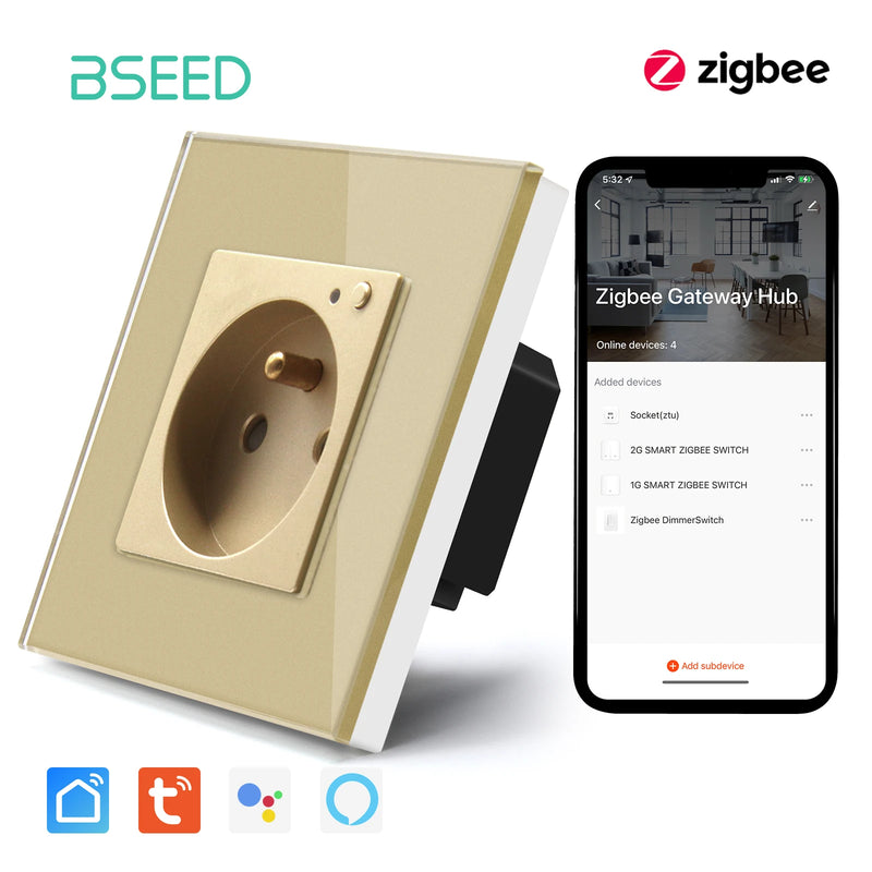 BSEED ZigBee Smart FR Socket Double Powe Sockets Triple Wall French Oulets Work With Tuya Google Home Smart Life Alexa