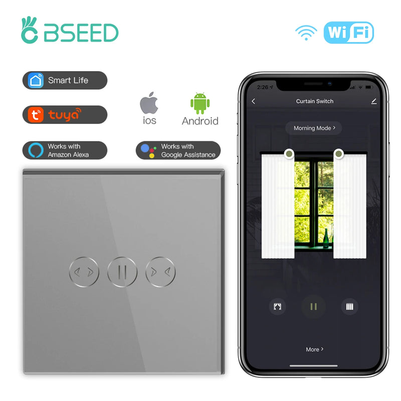 BSEED WiFi Curtain Switch Wireless Smart Touch Switch for Smart Life Tuya Alexa Blind Roller Shutter With Neutral Line