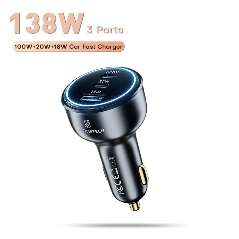 ឆ្នាំងសាករថយន្ត 138W USB Type C រន្ធពីរ USB ឆ្នាំងសាកទូរស័ព្ទលឿន PD សាកថ្មលឿនសម្រាប់ iPhone 14 Samsung Xiaomi iPad កុំព្យូទ័រយួរដៃ ថេប្លេត