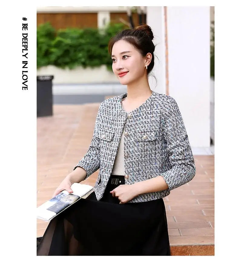 អាវធំ Tweed ផ្អែមបែបកូរ៉េថ្មីសម្រាប់នារី ម៉ូដសាមញ្ញ ដៃវែង ស្លីម ស្រស់ស្អាត បែបនារី ក O បែបបើកចំហរ ស្លៀកក្រៅ