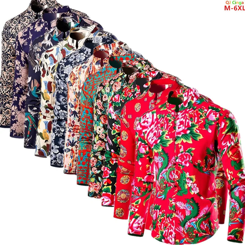 Chinese Style Men's Red Stand-up Collar Long-sleeved Shirt, Single-breasted Printed Shirts, Fashion Casual Camisas. New 2026