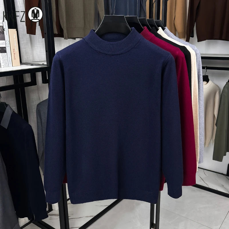 Male Classic Mid Neck Knit Jumper Long Sleeve Rib Trim Lightweight Fabric Travel Street Daily Outfit