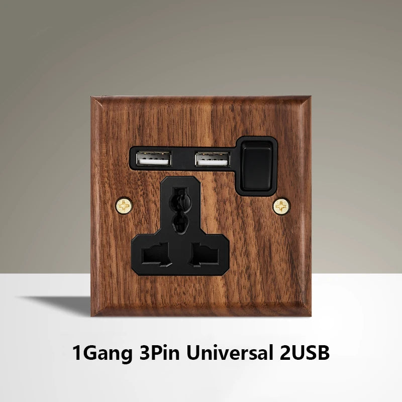 Black Walnut Wood Toggle Light Switch,Home retro Brass Panel,FR UK Universal Double USB Wall Electrical Socket Vintage Switch