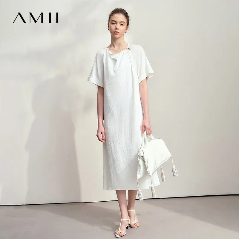 AMII Minimalist Women's Dress Raglan Sleeve 2026 Summer Short Sleeve Solid Swing Collar Hollow Out Loose Female Dress 12551030